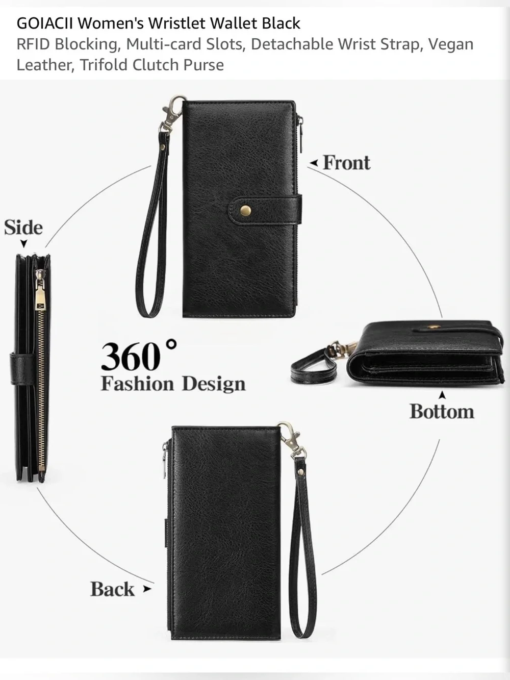 Amazon Black Vegan Leather Wristlet Clutch with Detachable Strap